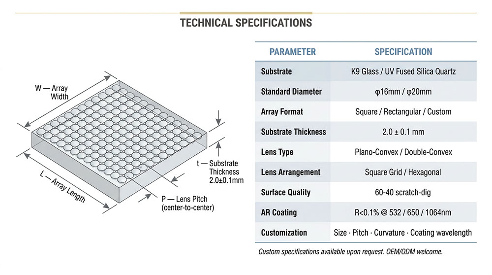 Laser Beam Homogenizer, Microlens Array for Laser, Beam Shaping Optics, AR Coated Microlens Array
